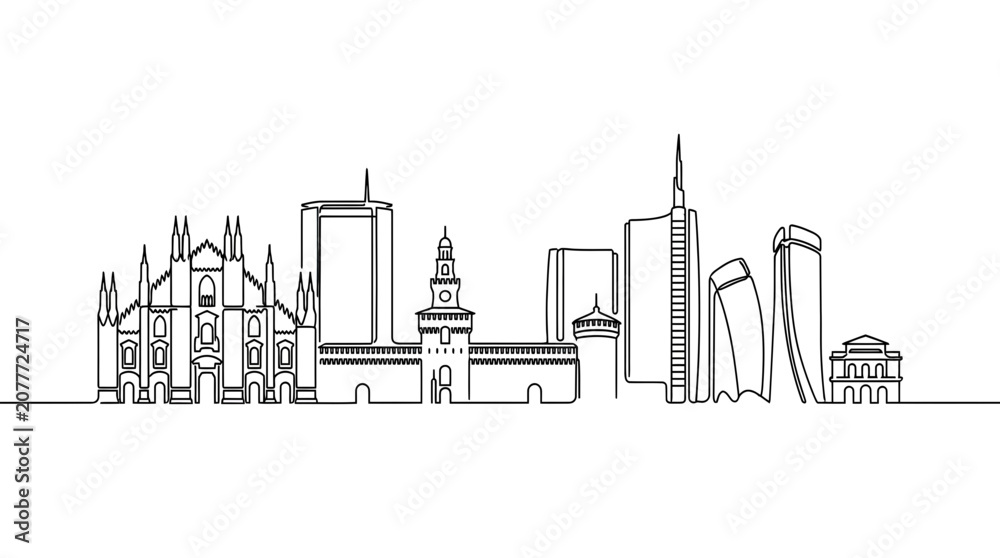 Fototapeta premium Milan Skyline Silhouette: Duomo, Sforza Castle, Modern Architecture