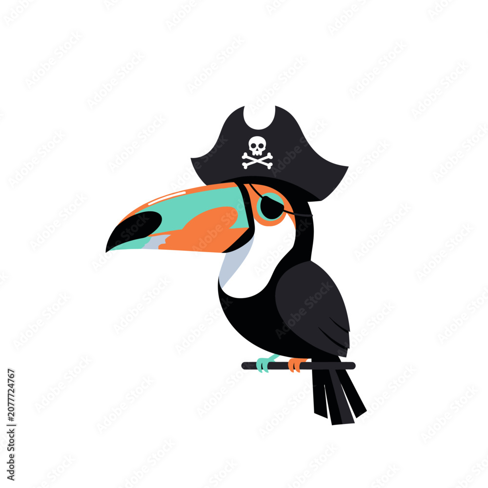 Fototapeta premium Colorful Toucan Wearing Pirate Hat.