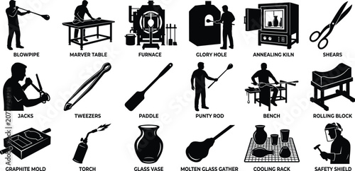 Canvastavla Glass Blowing Tools Silhouette Icon Set Glassmaking Equipment Vector Collection