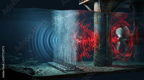 Underwater bubble curtain system mitigating loud noise and red acoustic waves from an offshore platform column and ship propeller.