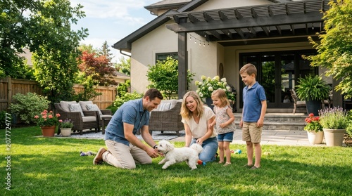 Family playing with puppy in a sunny backyard