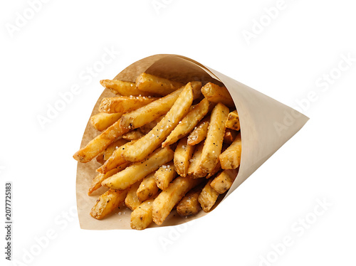 Deep Fried Crispy French Fries in Paper Cone Isolated on White Background