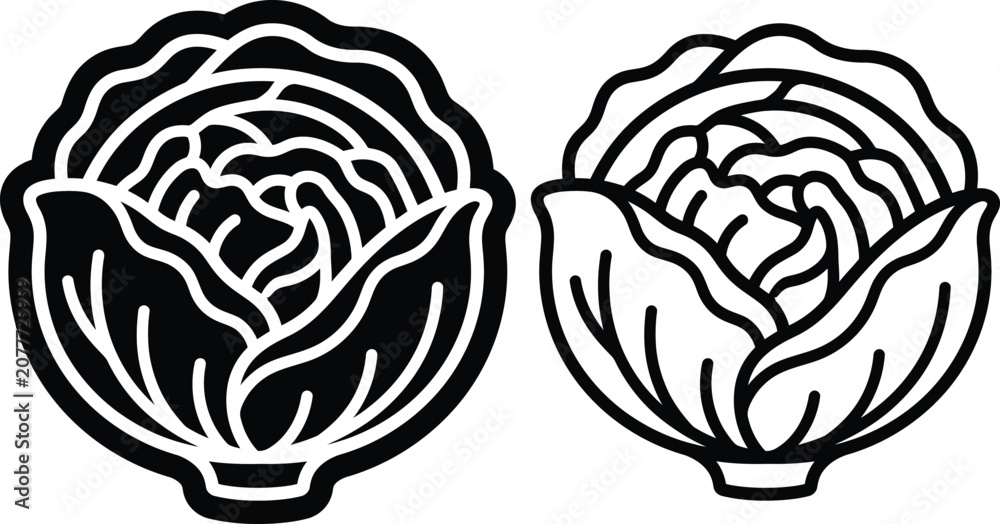 Obraz premium Cabbage head vegetable icon set in solid and linear style with vegetable ingredient nutrition vegetarian agriculture illustration