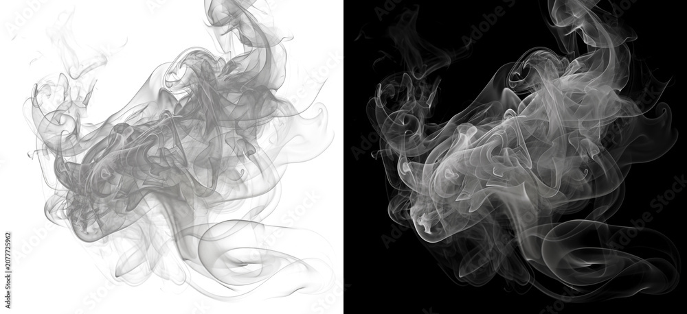Obraz premium Abstract grey smoke cloud shapes on dark and light backgrounds for creative design projects