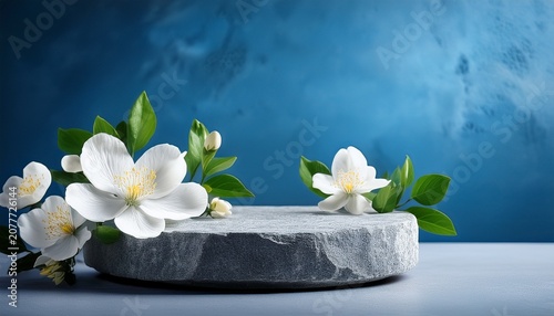 Stone Podium With White Flowers And Green Leaves Against A Textured Blue Backdrop