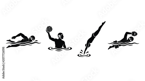 Tableau sur toile Water Polo Players In Action Black Silhouette Vector Illustration