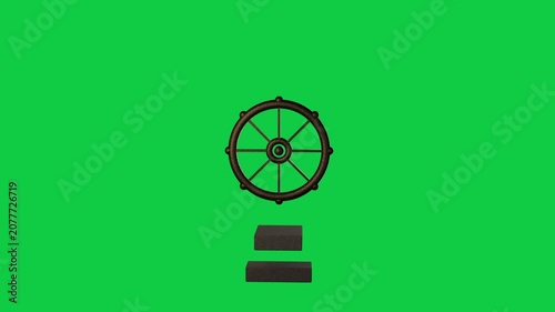 On play bronze helm growing shifting spokes rotating steps expanding forming emblem on clear canvas