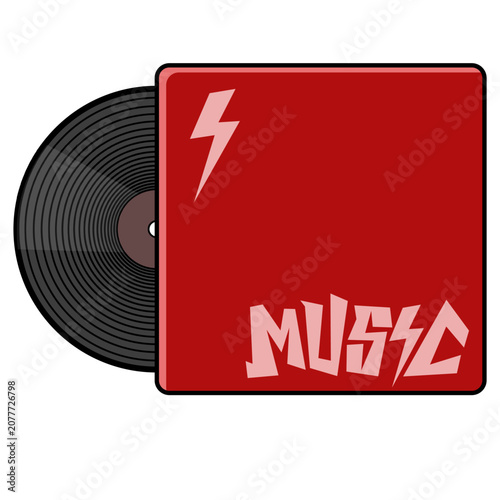 Stylized vector illustration of a vinyl record partially enclosed in a bold red album cover, inspired by classic rock music culture with a lightning bolt symbol and vintage.