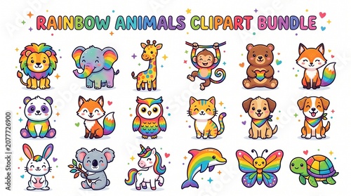 Rainbow Themed Animal Clipart Bundle Colorful Cute Cartoon Collection for Kids