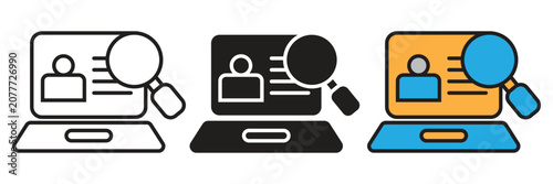 Laptop User Profile Search Vector Icon Set. Laptop screen showing a human profile with line text and magnifying glass, representing talent recruitment and background checks.