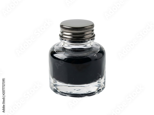 Black Fountain Pen Ink in Small Glass Bottle Isolated on White Background