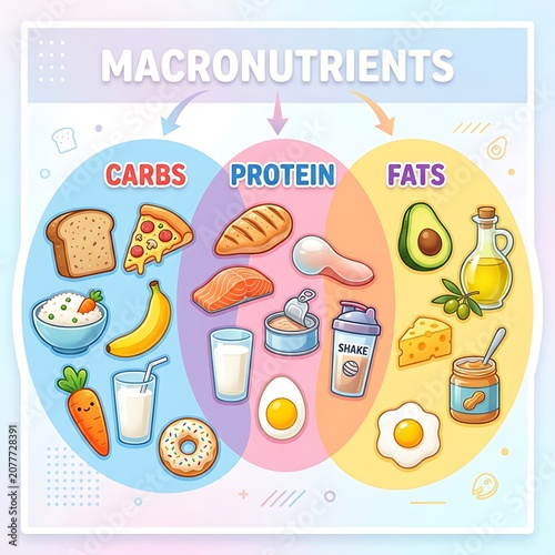 Illustrated macronutrients guide showing carbs protein and fats food sources