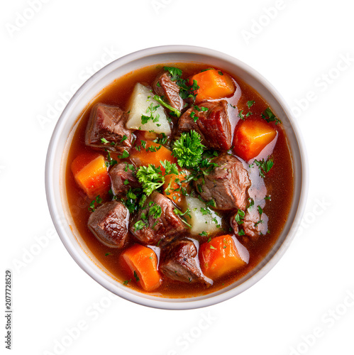 Top view of a beef stew with carrots and potatoes in a white bowl isolated on transparent background