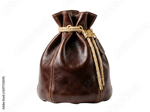 Luxury Vintage Brown Leather Drawstring Bag Isolated on White Background
