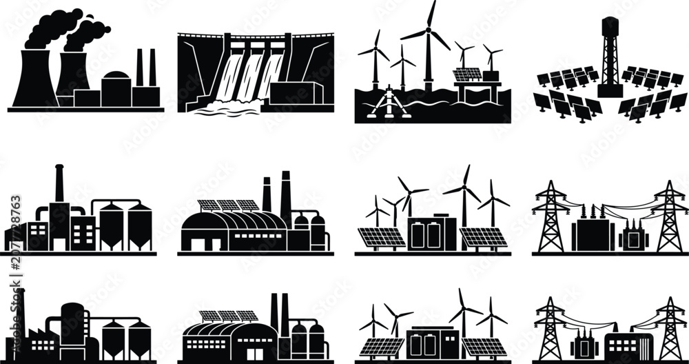 Fototapeta premium Comprehensive set of black silhouette power plant and energy facility icons including solar, wind, hydro, and thermal generation technologies