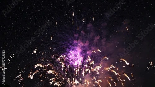 Vibrant purple and white fireworks exploding in night sky festive celebration, new year’s eve, and independence day background
