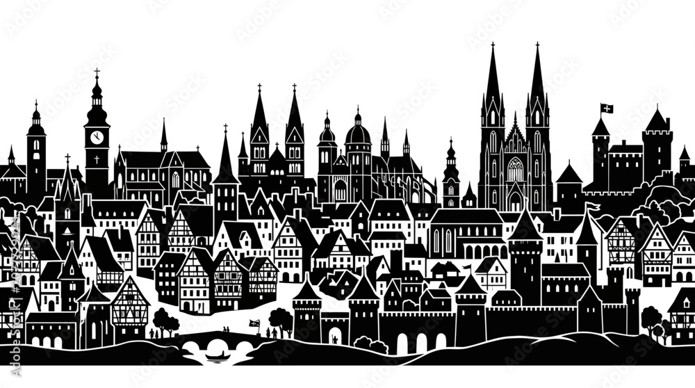 Fototapeta premium Medieval European City Skyline Silhouette, Black and White Illustration