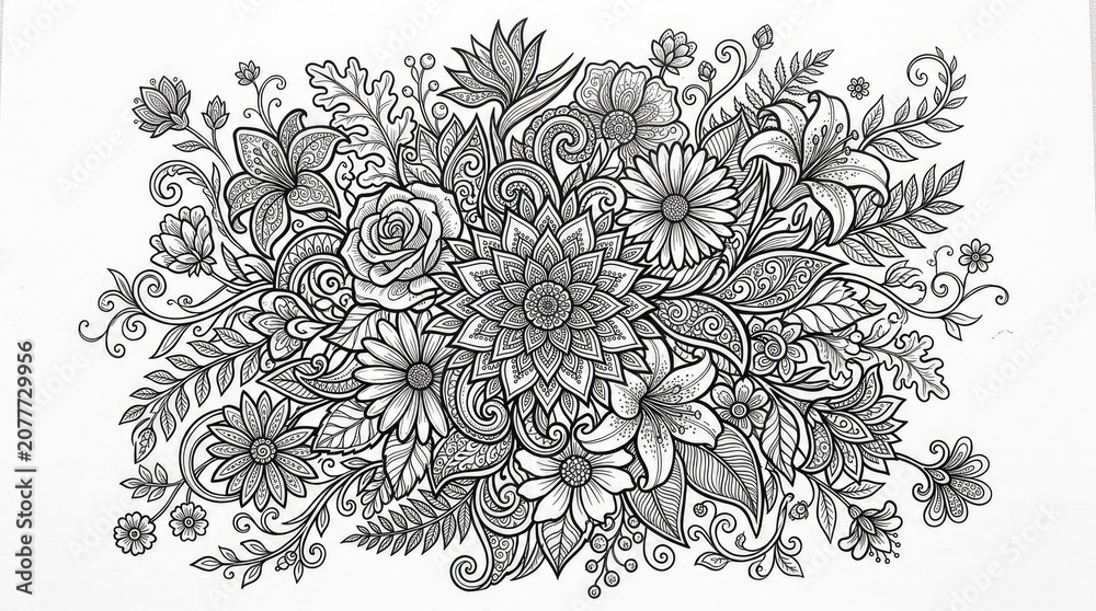 Fototapeta premium Floral coloring page for adults intricate flower designs and patterns