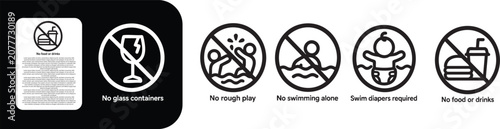 Foto Pool Safety Warning Icons Set, No glass containers, No rough play, No swimming a