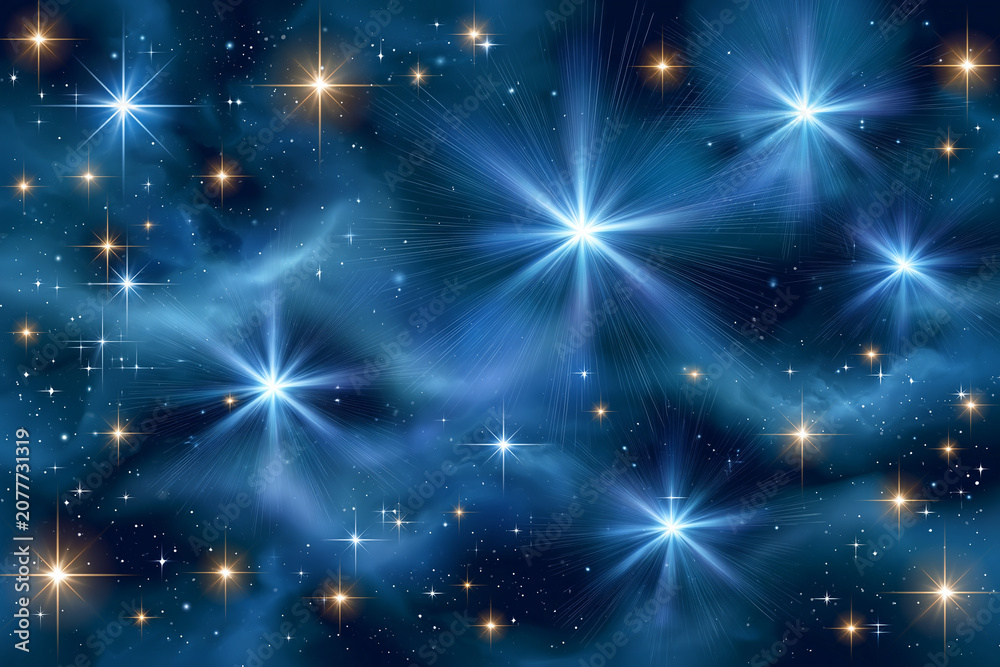 Fototapeta premium Bright stars shine in a dark blue cosmos view