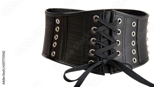 Obraz na plátně Black leather wide corsage belt with lacing isolated on a transparent background