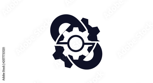 Interlocking dark blue gears rotation symbol.