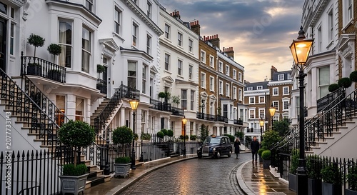 Elegant White Townhouses Lining Wet Cobblestone Street at Dusk