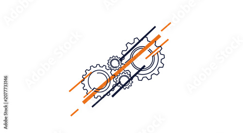 Interlocking gears with dynamic motion lines and orange accents.