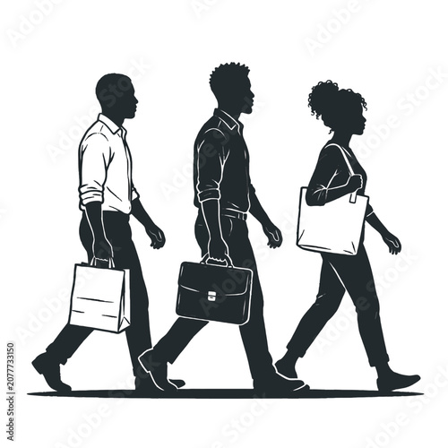 Silhouette of African American business people walking with bags