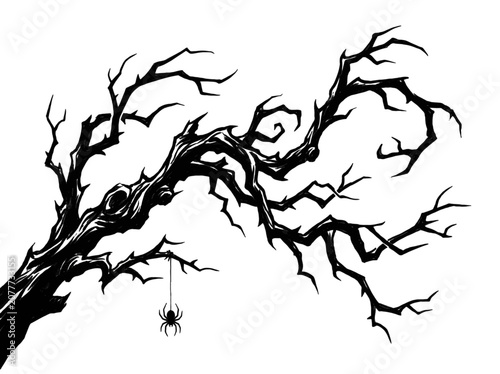 Spooky black branch with hanging spider Halloween illustration