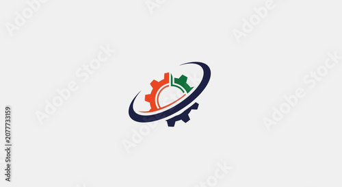 Interlocking gears with circular orbit swoosh symbol.