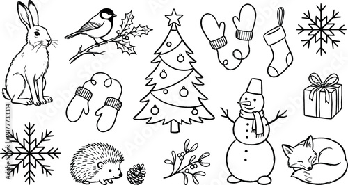 Foto Christmas and winter vector doodle icon set featuring hand drawn christmas tree