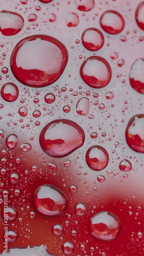 Close-up View of Red Water Droplets on Surface.