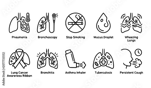 Foto Lung Disease Medical Icons Vector Set with Pneumonia Bronchoscopy Stop Smoking B