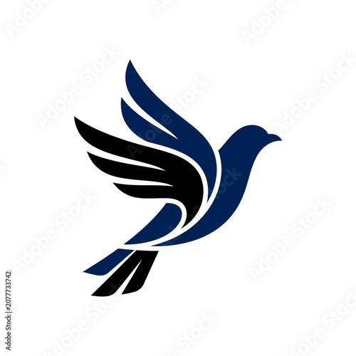 A minimalist graphic illustration of a bird in flight against a white background