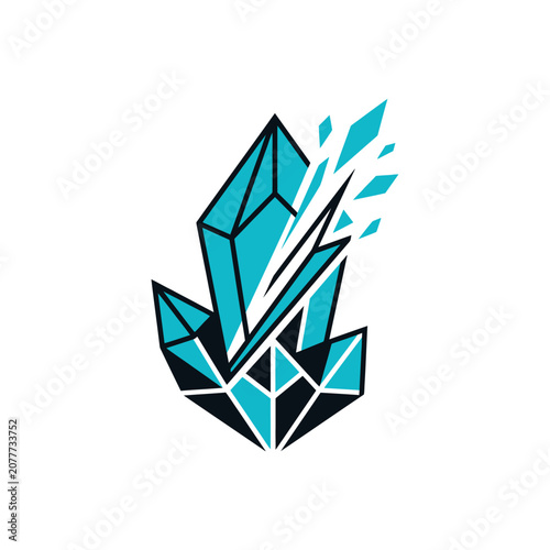 A stylized graphic illustration of a sharp blue crystal formation