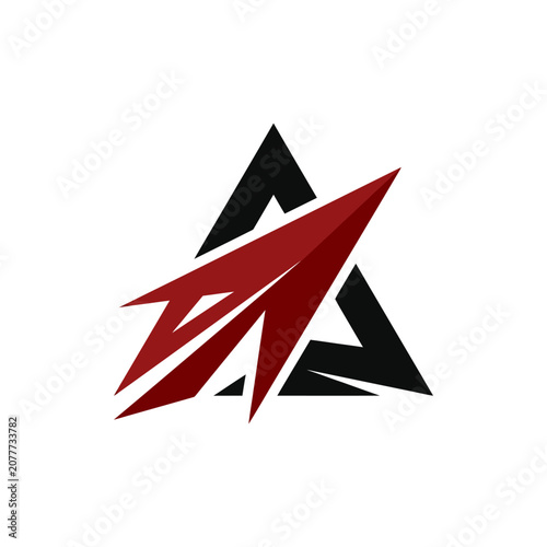 A sharp red arrow shape is positioned over a black triangular geometric frame