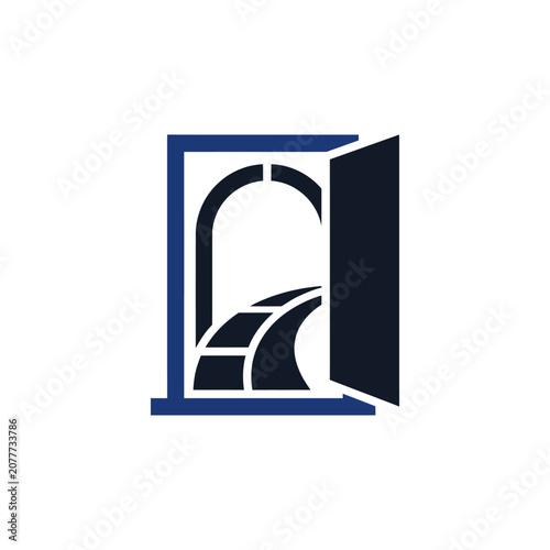 A minimalist graphic icon showing an open door leading to a path