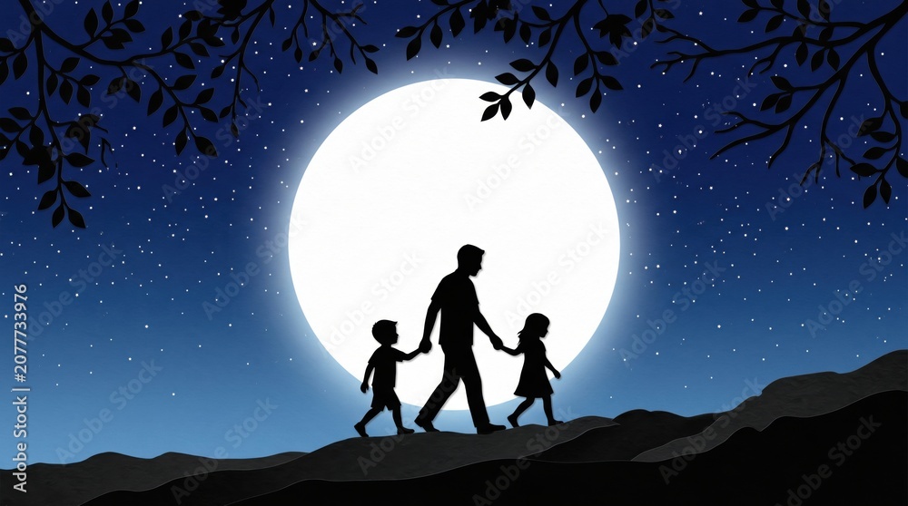 Fototapeta premium Father and two children walking under a bright full moon during a starry night with tree silhouettes