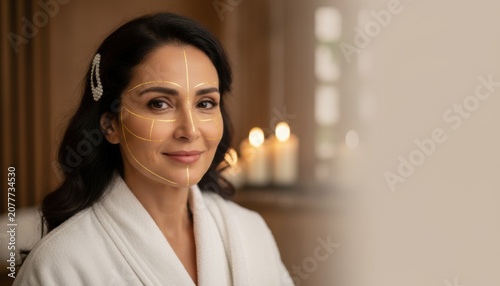 Cosmetic Procedure Consultation: A woman with marked facial lines sits calmly in a bathrobe, preparing for a cosmetic enhancement, surrounded by ambient candlelight.