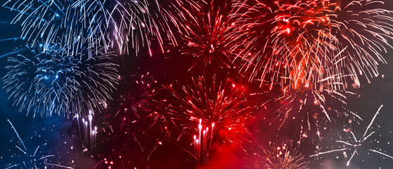 USA america united states new year, new years eve or Independence Day, 4th of July celebration holiday background greeting card - Blue red white firework on dark night sky