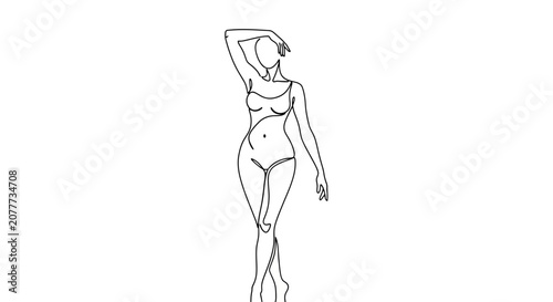 Minimalist line drawing of a woman posing with one arm raised and wearing swimwear.