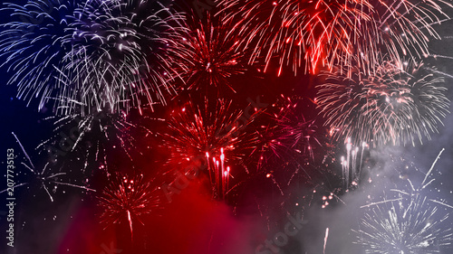 USA america united states new year, new years eve or Independence Day, 4th of July celebration holiday background greeting card - Blue red white firework on dark night sky