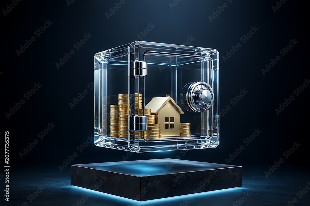 Fototapeta premium Transparent Safe Containing Gold Coins And A House 3d Render On A Dark Background