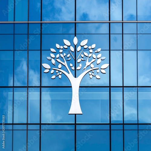Building facade features a large tree logo against a blue glass background on a sunny day with clouds in the sky