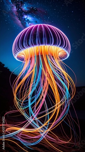Bright jellyfish swims in dark water under starry sky with colorful lights and glowing tentacles showing vibrant motion and beauty