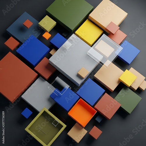 Colorful Geometric Cubes and Blocks Arranged on Dark Abstract Background
