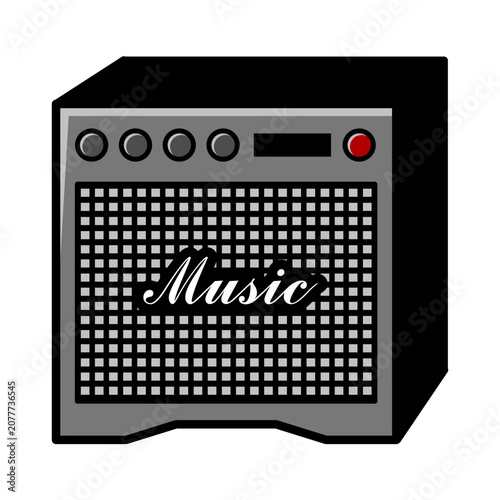 Vector illustration of a vintage guitar amplifier featuring a classic speaker grille, control knobs, and a compact cabinet design.