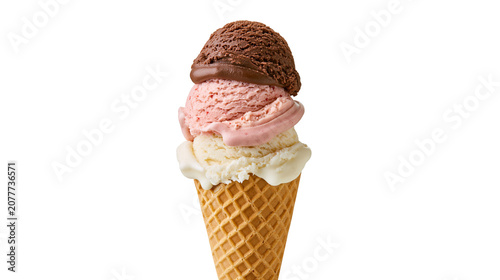 Fotografie Triple scoop ice cream cone with chocolate strawberry, and vanilla flavors