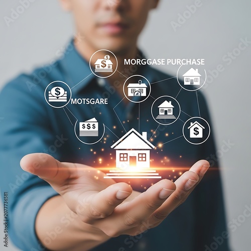 Business Person Holding Glowing Digital House Icon with Mortgage Symbols in Finance Concept